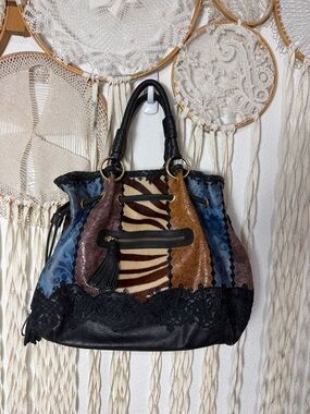 Isabella Fiore Vintage Leather and Patchwork Embroidered Handbag Purse